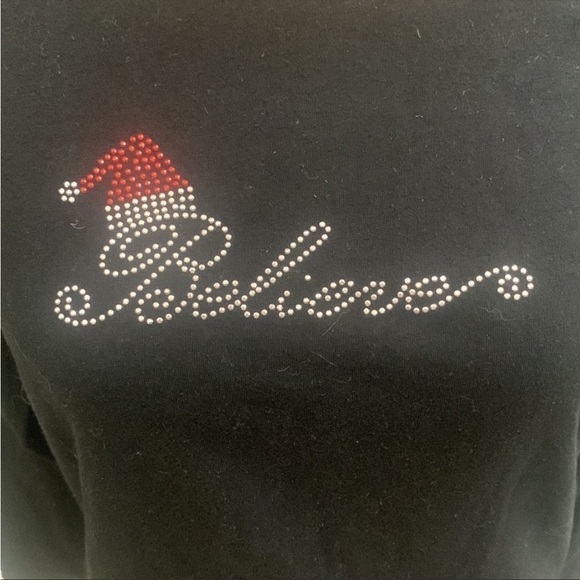 Believe Christmas Bling Crystal Santa Hat Long Sleeve‎ Holiday Tee Shirt Size M - Picture 5 of 6